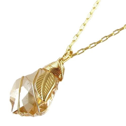Crystal & Leaf: Gold Filled Postmodern Fashion Necklace (Champagne) - 1