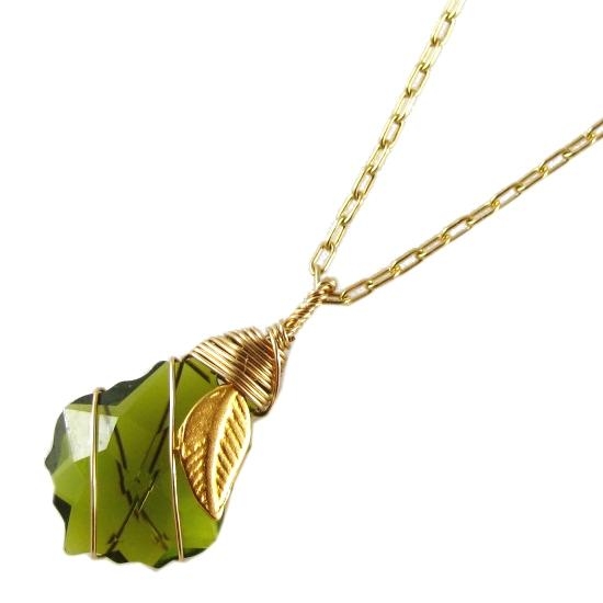 Crystal & Leaf: Gold Filled Postmodern Fashion Necklace (Green) - 1