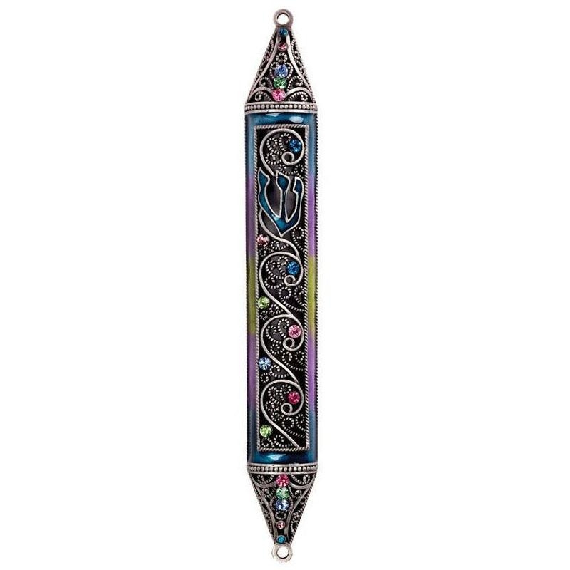 Curlicues: Jeweled and Enameled Pewter Mezuzah Case - 1