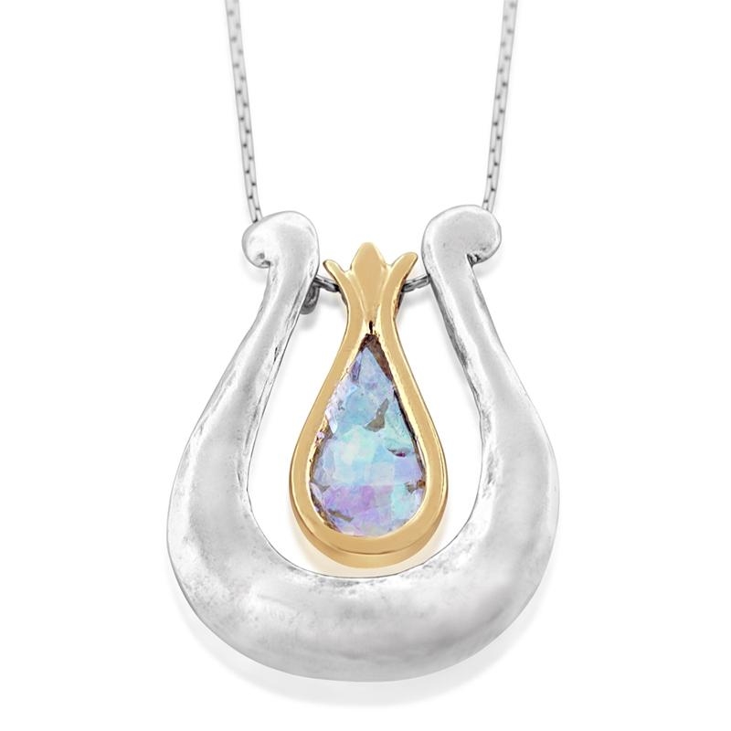David's Harp Sterling Silver and Gold Necklace with Roman Glass - 1