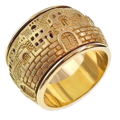 Deluxe 14K Gold Spinning Multi-Dimensional Jerusalem Motif Ring - 1