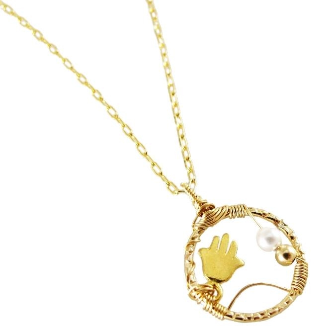 Dream Catcher: Gold Filled Little Hamsa Necklace with Pearl - 2