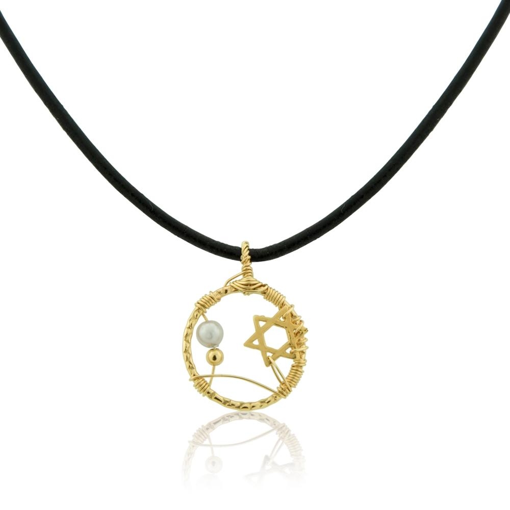 Dream Catcher: Gold Filled Little Star of David Necklace with Pearl - 1
