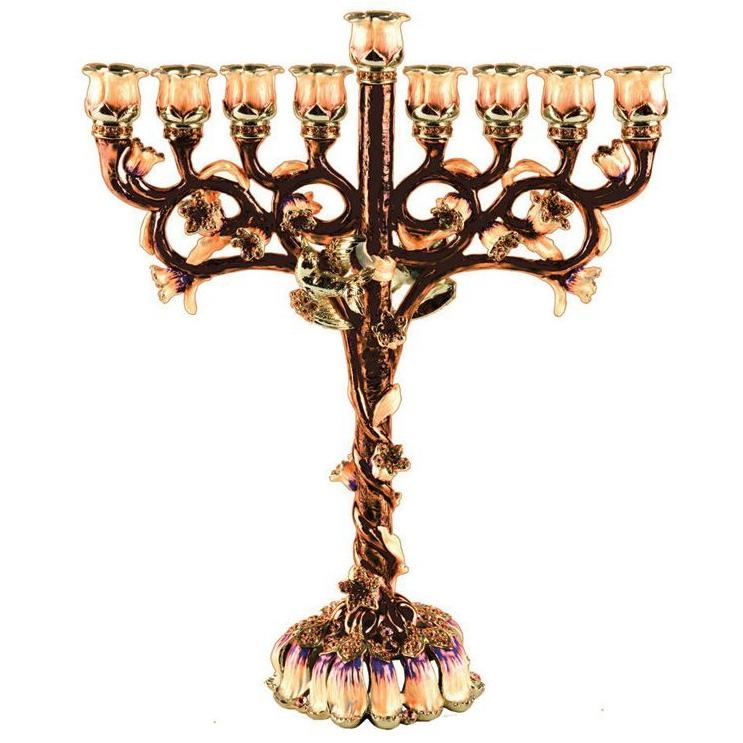 Enameled and Jeweled Flowers Menorah - Brown with Emerald Crystals - 1