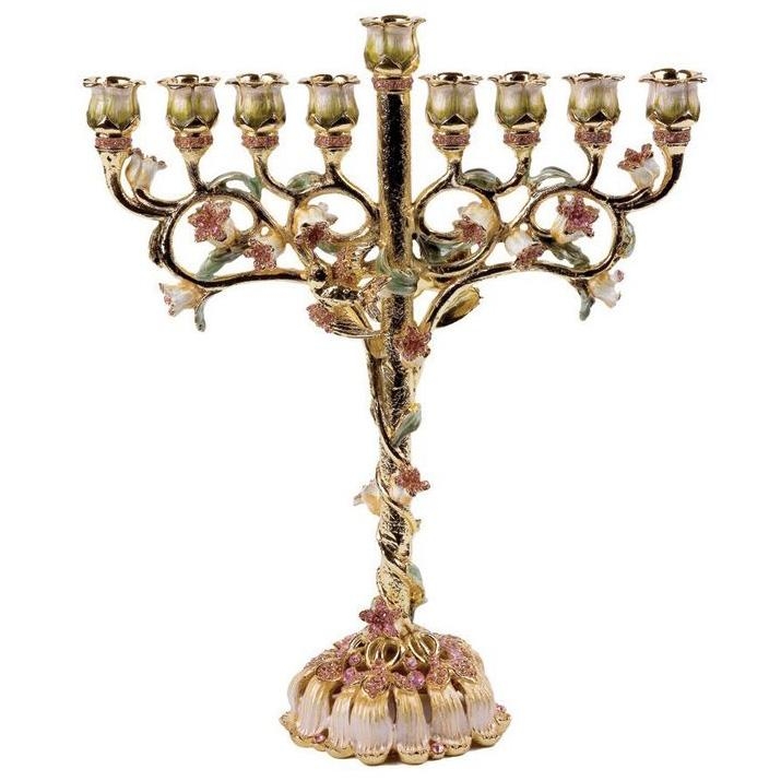 Enameled and Jeweled Flowers Menorah - Ivory with Amber Crystals - 1