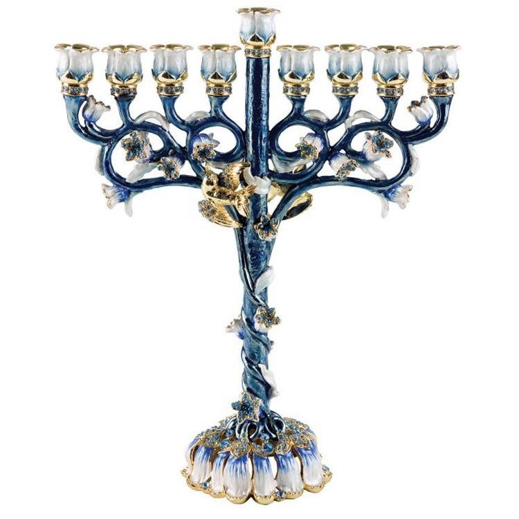 Enameled and Jeweled Flowers Menorah - Turquoise with Sapphire Crystals - 1