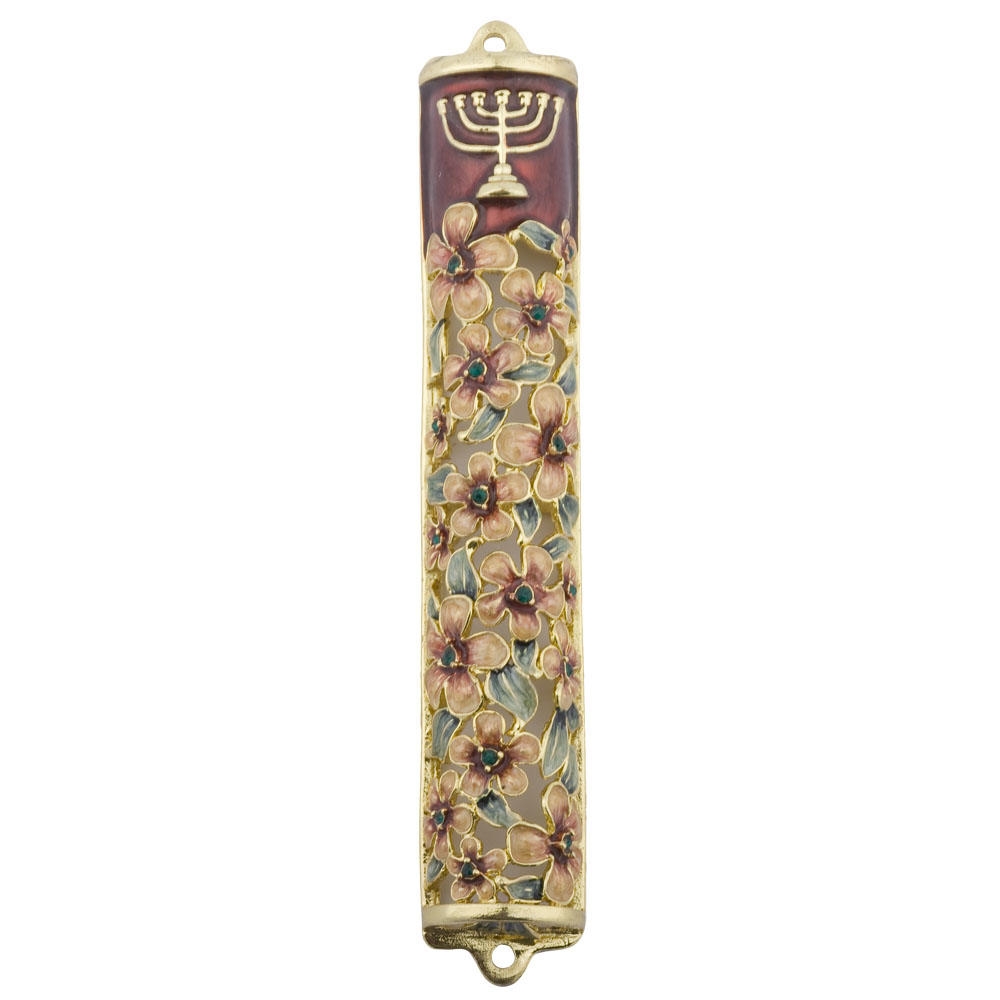  Enameled and Jeweled Flowers and Menorah Mezuzah Case (maroon) - 1