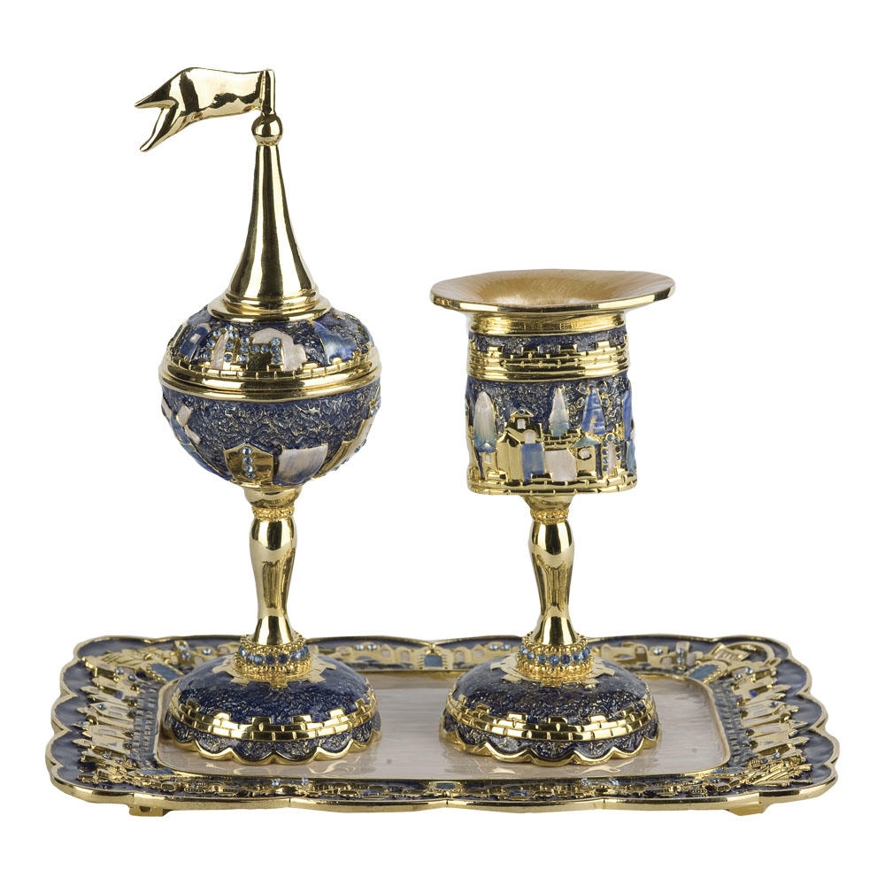  Enameled and Jeweled Havdallah Spice Tower, Candle Holder, and Tray - Jerusalem (Blue) - 1