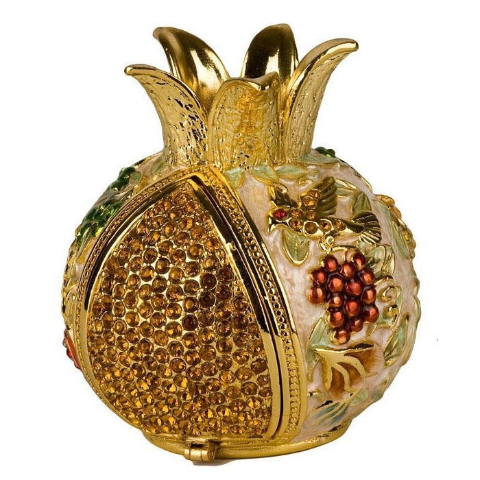   Enameled and Jeweled Hinged Pomegranate Havdallah Spice Box - 7 Species (Pearly White) - 1