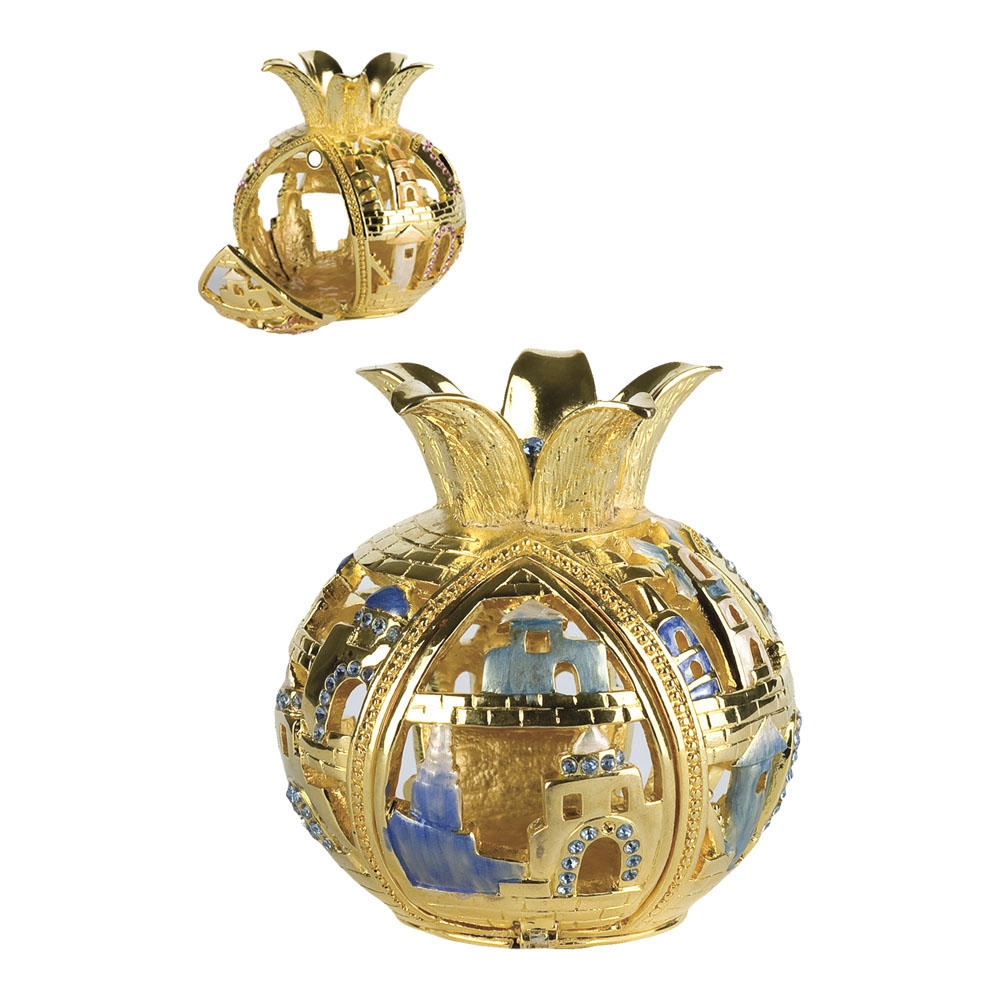  Enameled and Jeweled Hinged Pomegranate Havdallah Spice Box - Jerusalem (Blue) - 1