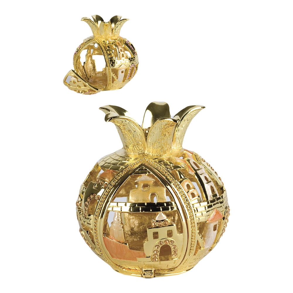  Enameled and Jeweled Hinged Pomegranate Havdallah Spice Box - Jerusalem - Ivory with Amber Crystals - 1