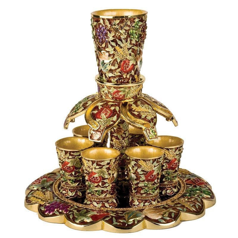 Enameled and Jeweled Pewter 6 Cup Wine Fountain - 7 Species (Bronze) - 1