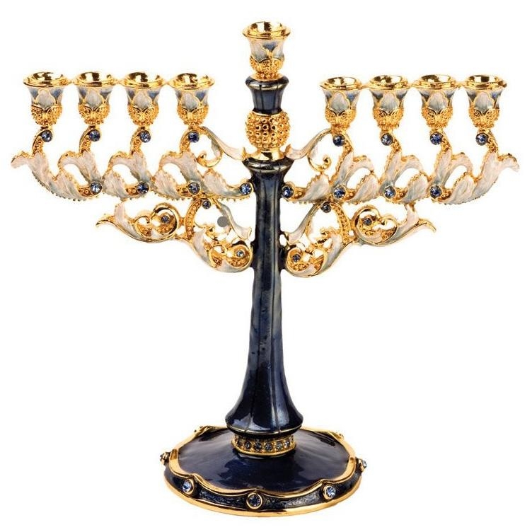 Enameled and Jeweled Pewter Blue Menorah with Sapphire Crystals - 1