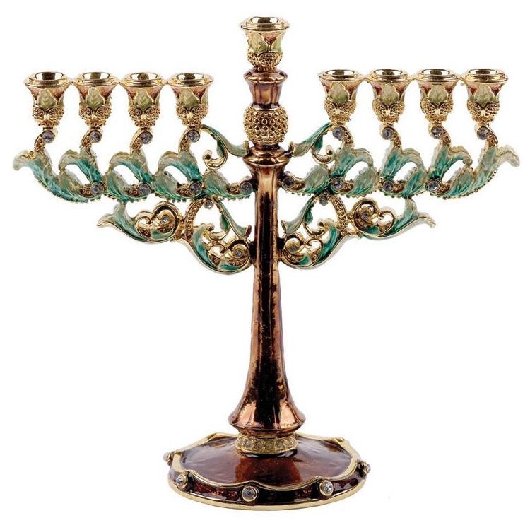 Enameled and Jeweled Pewter Brown Menorah with Emerald Crystals - 1
