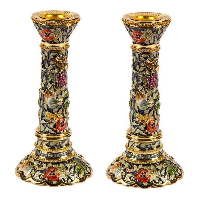 Enameled and Jeweled Pewter Candlesticks - 7 Species (Blue) - 1