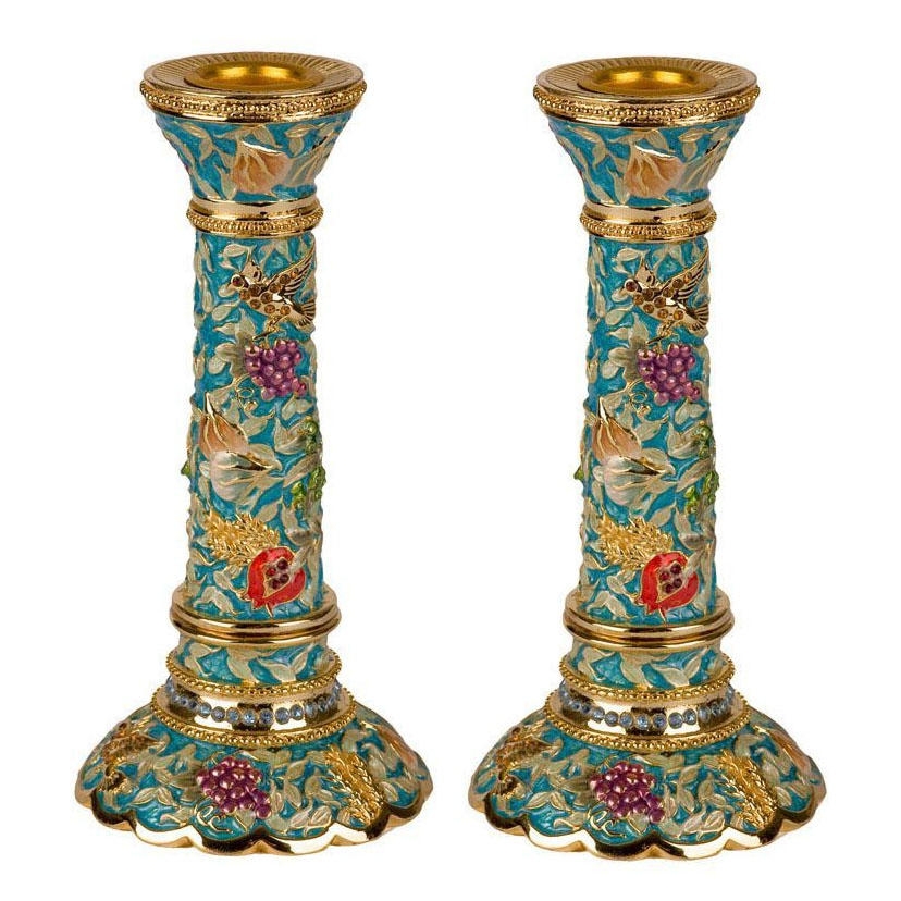 Enameled and Jeweled Pewter Candlesticks - 7 Species (Turquoise) - 1