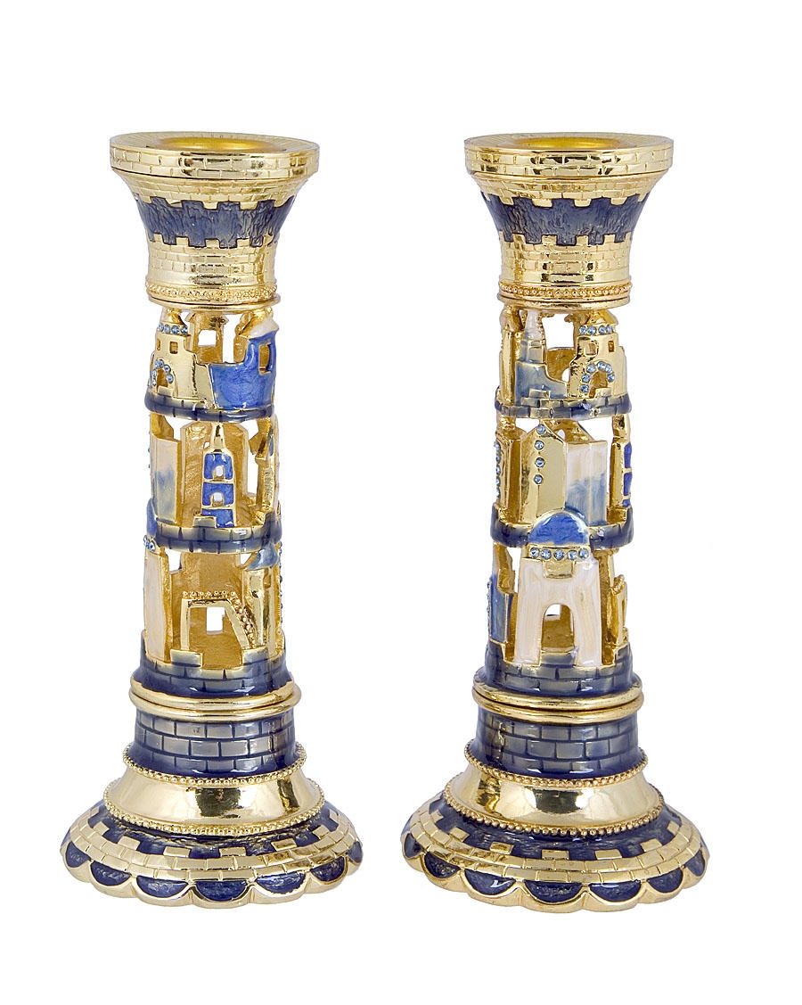  Enameled and Jeweled Pewter Candlesticks - Jerusalem (Blue) - 1