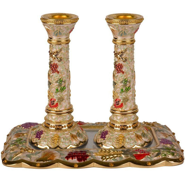 Enameled and Jeweled Pewter Candlesticks and Tray - 7 Species (Pearly White) - 1
