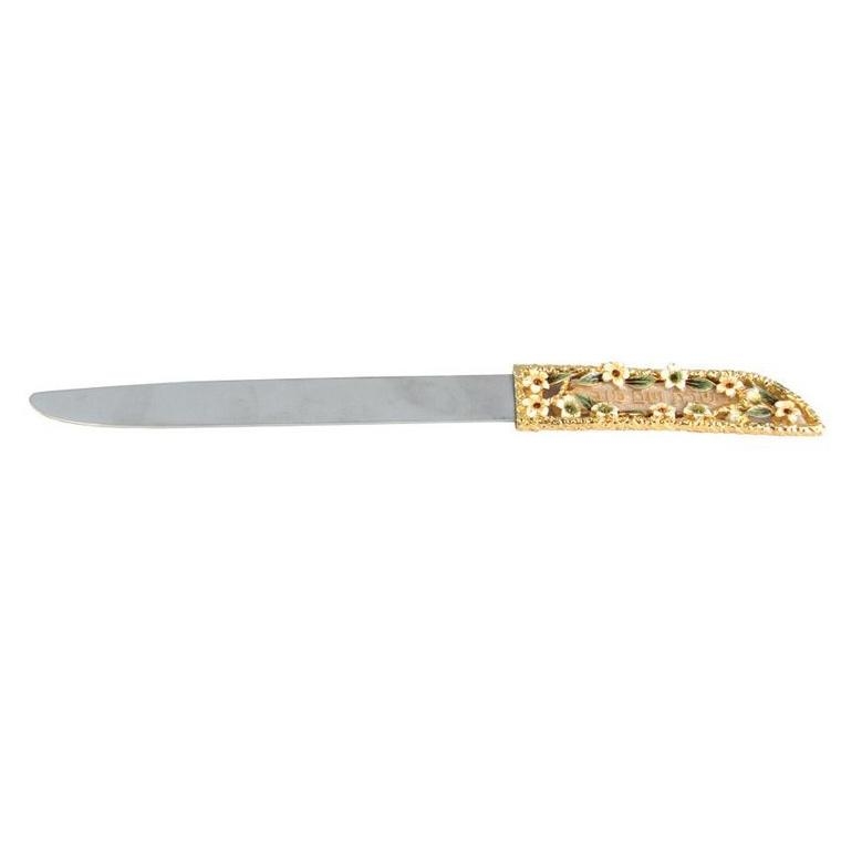 Enameled and Jeweled Pewter Challah Knife - Flowers - Ivory and Amber - 1