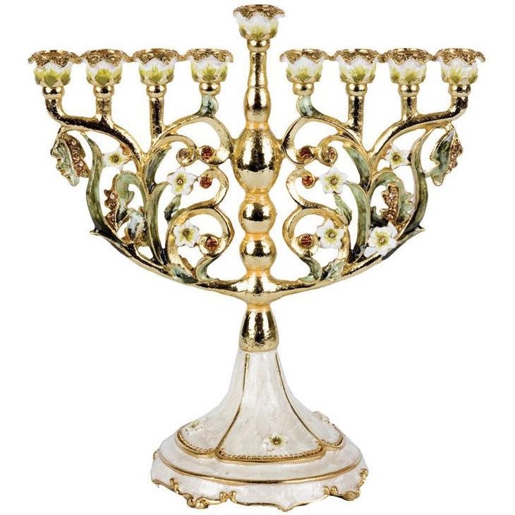 Enameled and Jeweled Pewter Flowers Menorah  - Ivory with Amber Crystals - 1