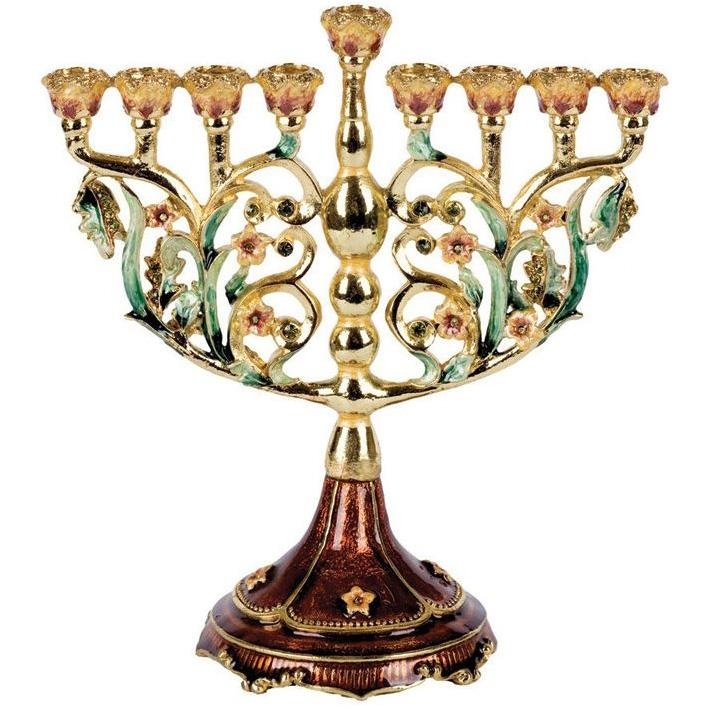 Enameled and Jeweled Pewter Flowers Menorah - Brown with Emerald Crystals - 1
