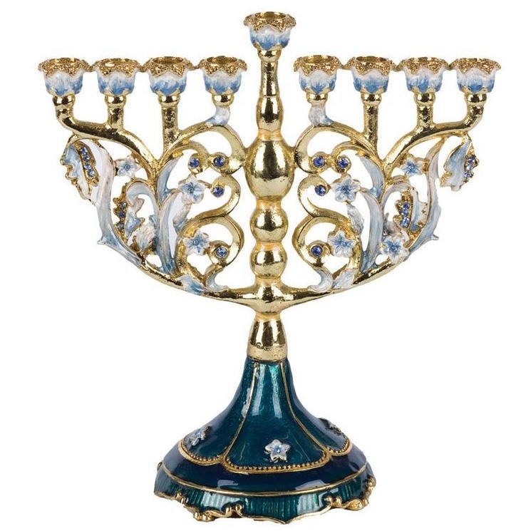 Enameled and Jeweled Pewter Flowers Menorah - Turquoise with Sapphire Crystals - 1