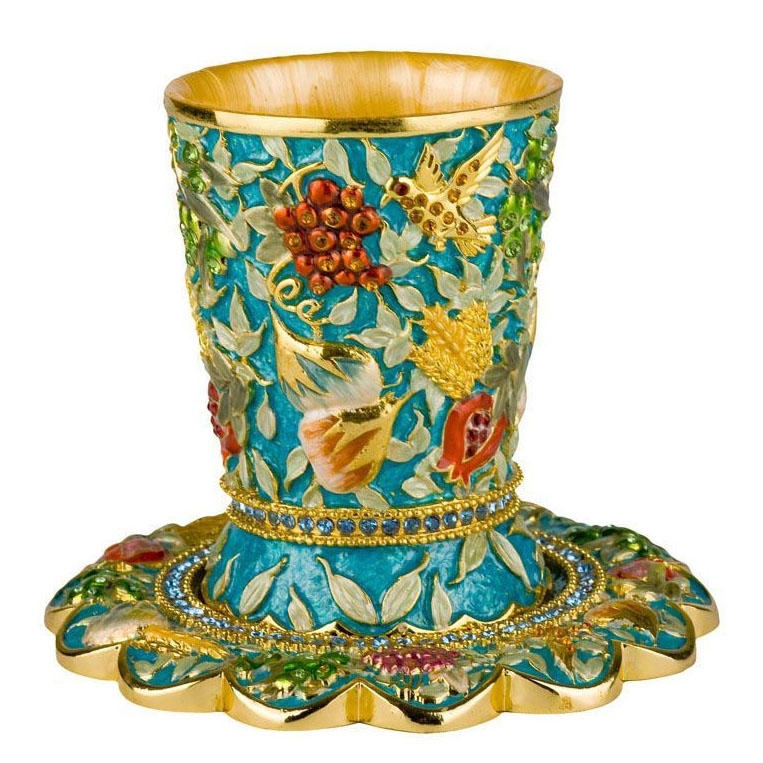  Enameled and Jeweled Pewter Kiddush Cup and Saucer - 7 Species - Turquoise (B) - 1