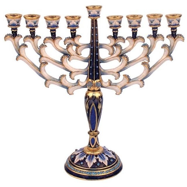 Enameled and Jeweled Pewter Menorah - Blue with Sapphire Crystals - 1