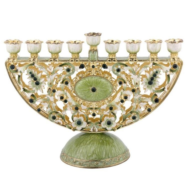 Enameled and Jeweled Pewter Menorah - Flowers (Green/Amber) - 1