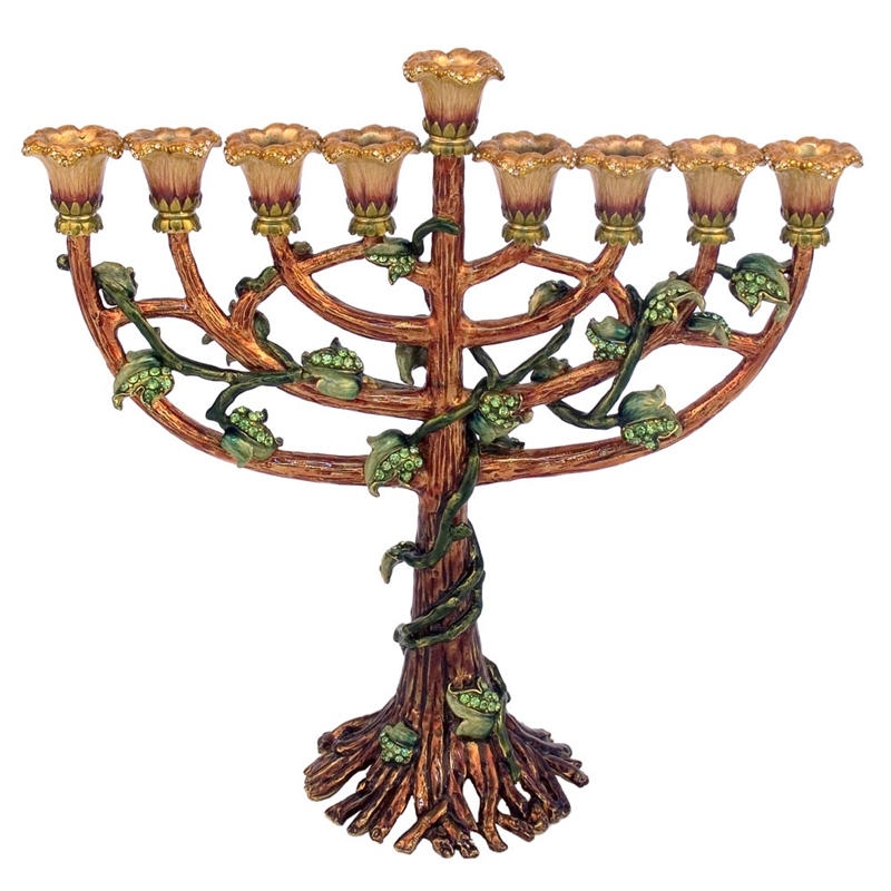  Enameled and Jeweled Pewter Menorah - Flowers and Vines on Tree (Emerald) - 2