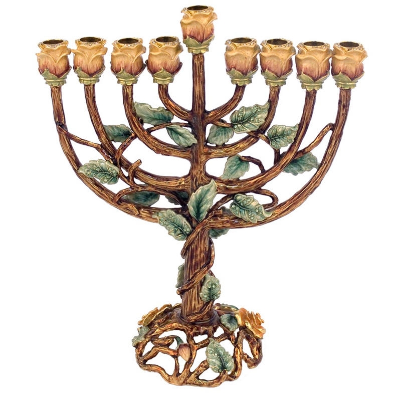  Enameled and Jeweled Pewter Menorah - Roses and Vines (Emerald) - 1