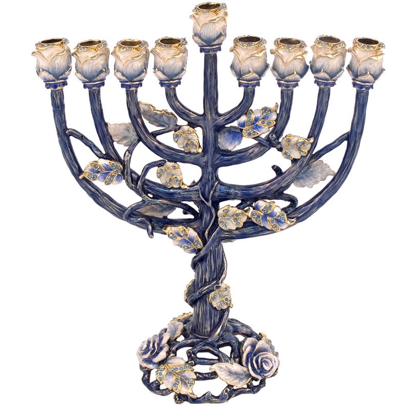  Enameled and Jeweled Pewter Menorah - Roses and Vines (Turquoise) - 1