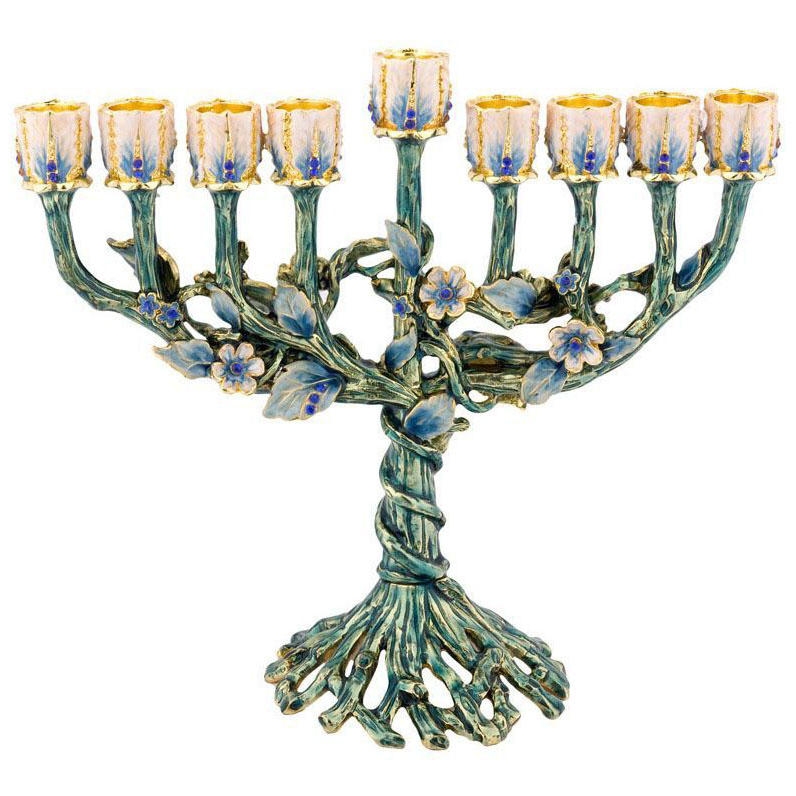 Enameled and Jeweled Pewter Menorah - Tree of Life (Turquoise/Sapphire) - 1