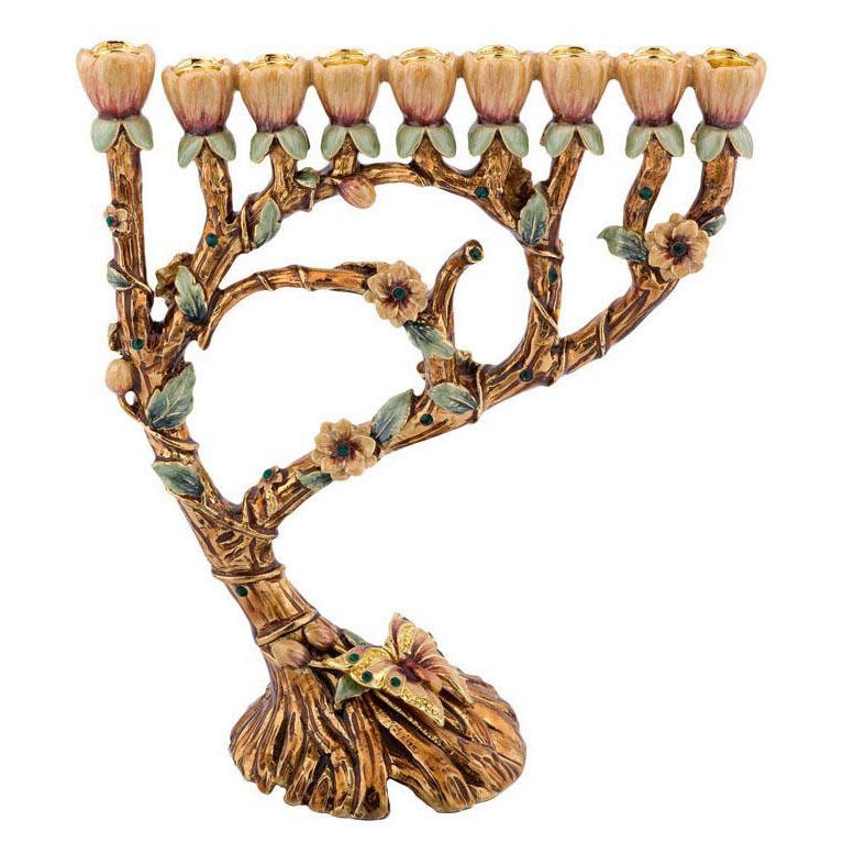 Enameled and Jeweled Pewter Menorah - Vines & Flowers (Bronze/Emerald) - 1