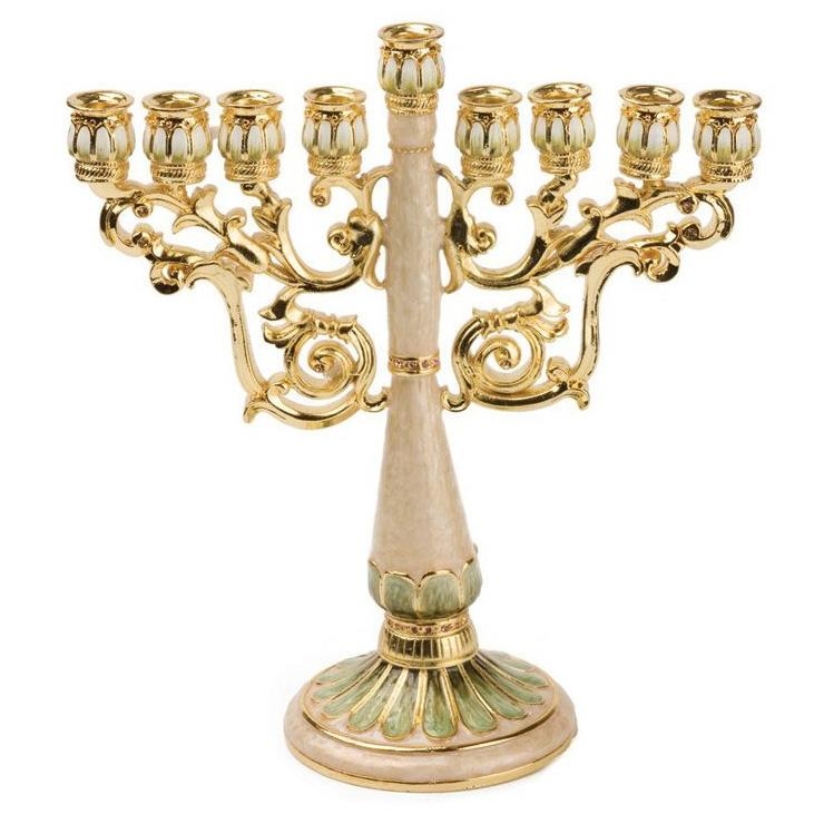 Enameled and Jeweled Pewter Pearly White Menorah with Amber Crystals - Swirls - 1