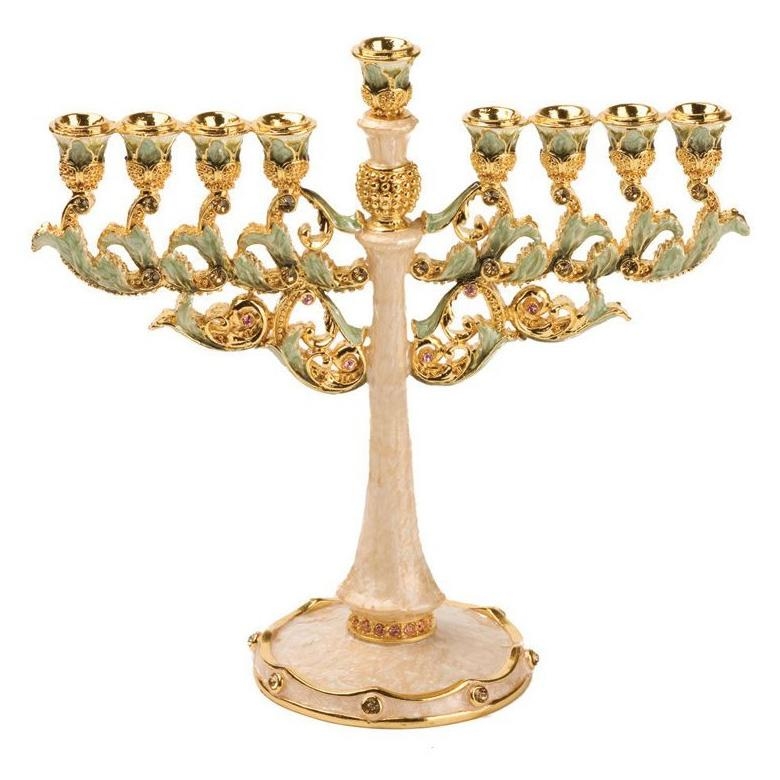 Enameled and Jeweled Pewter Pearly White Menorah with Amber Crystals - 1