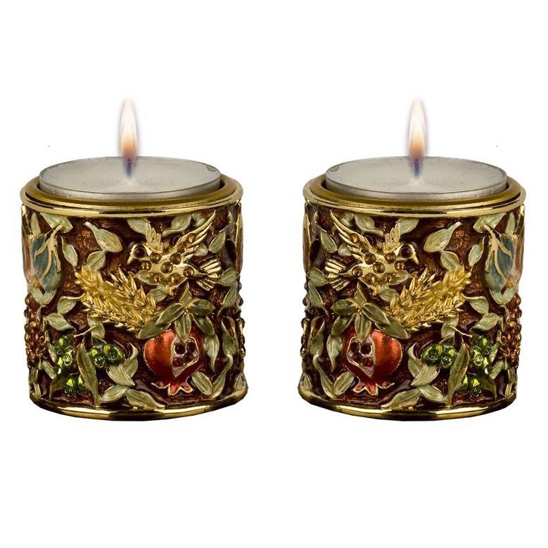 Enameled and Jeweled Pewter Round Candlesticks  - 7 Species (Bronze) - 1