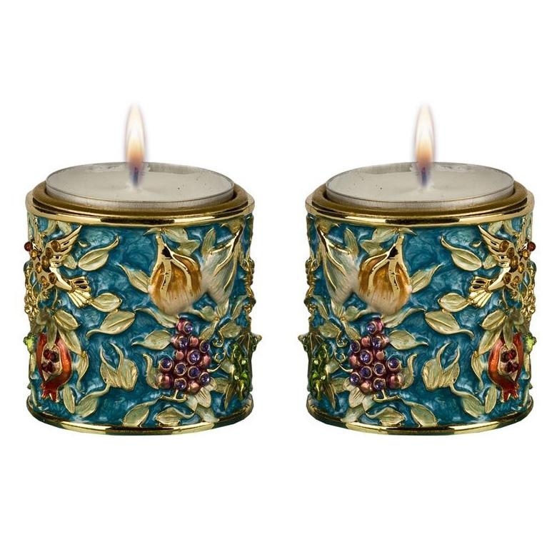 Enameled and Jeweled Pewter Round Candlesticks  - 7 Species (Turquoise) - 1