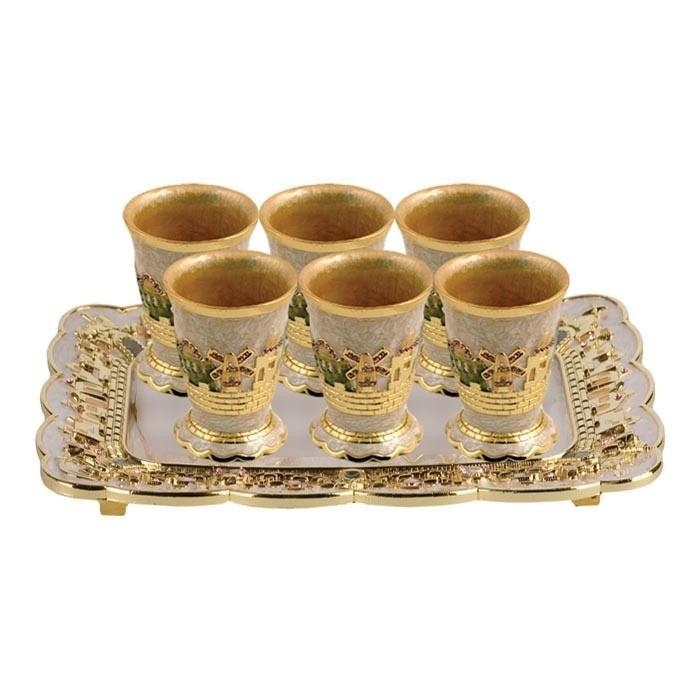 Enameled and Jeweled Pewter Set of 6 Kiddush/Liqueur Cups with Tray - Jerusalem (Day) - 1