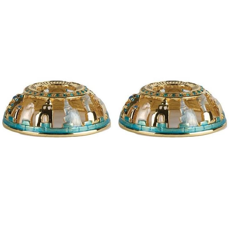  Enameled and Jeweled Pewter Travel Candlesticks - Jerusalem - Turquoise with Sapphire Crystals - 1