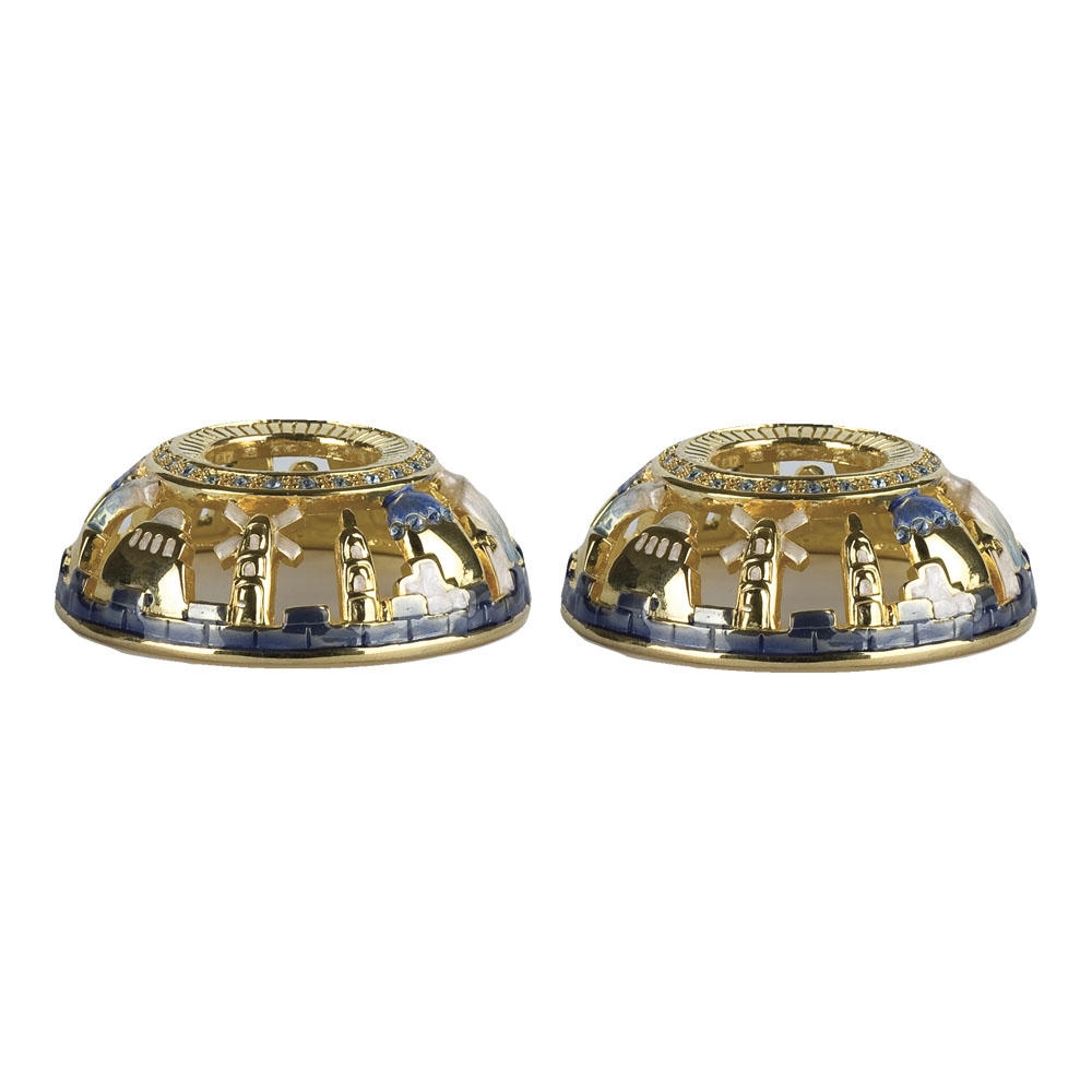  Enameled and Jeweled Pewter Travel Candlesticks - Jerusalem  - Blue with Sapphire Crystals - 1