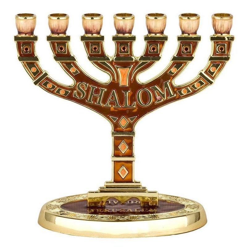 Enameled and Jeweled Seven Branch Menorah - Shalom (Brown) - 1