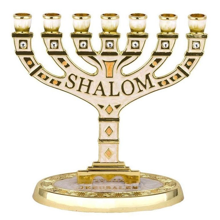 Enameled and Jeweled Seven Branch Menorah - Shalom (Pearly White) - 1