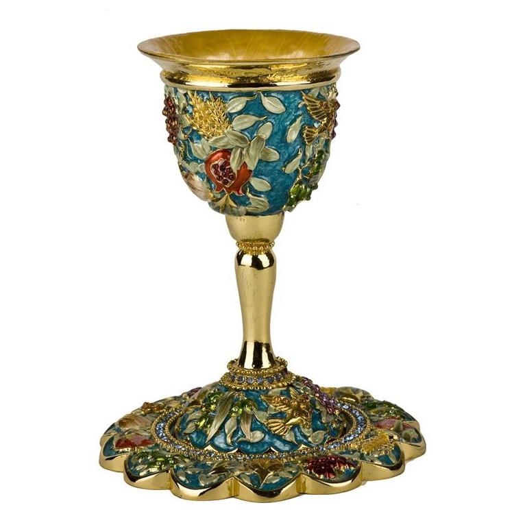  Enameled and Jeweled Stemmed Pewter Kiddush Cup and Saucer - 7 Species (Turquoise) - 1