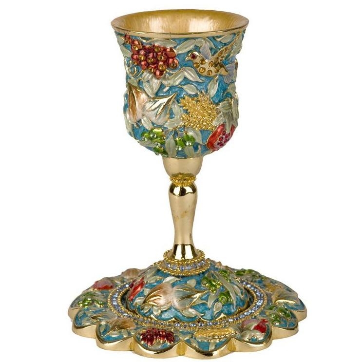 Enameled and Jeweled Stemmed Pewter Kiddush Cup and Saucer - 7 Species (Turquoise) - 1