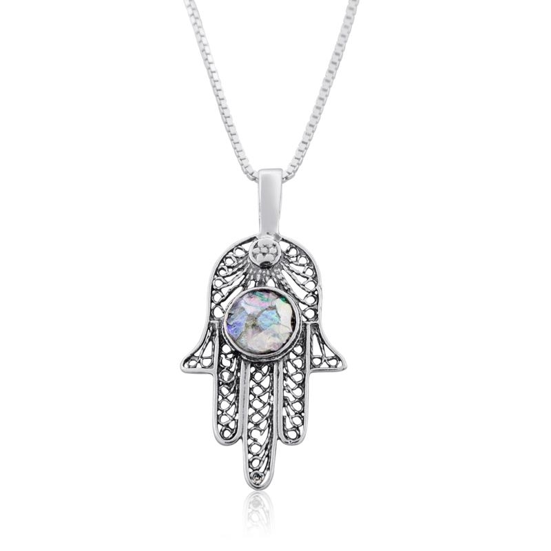  Filigree Silver Hamsa Necklace with Roman Glass - 1