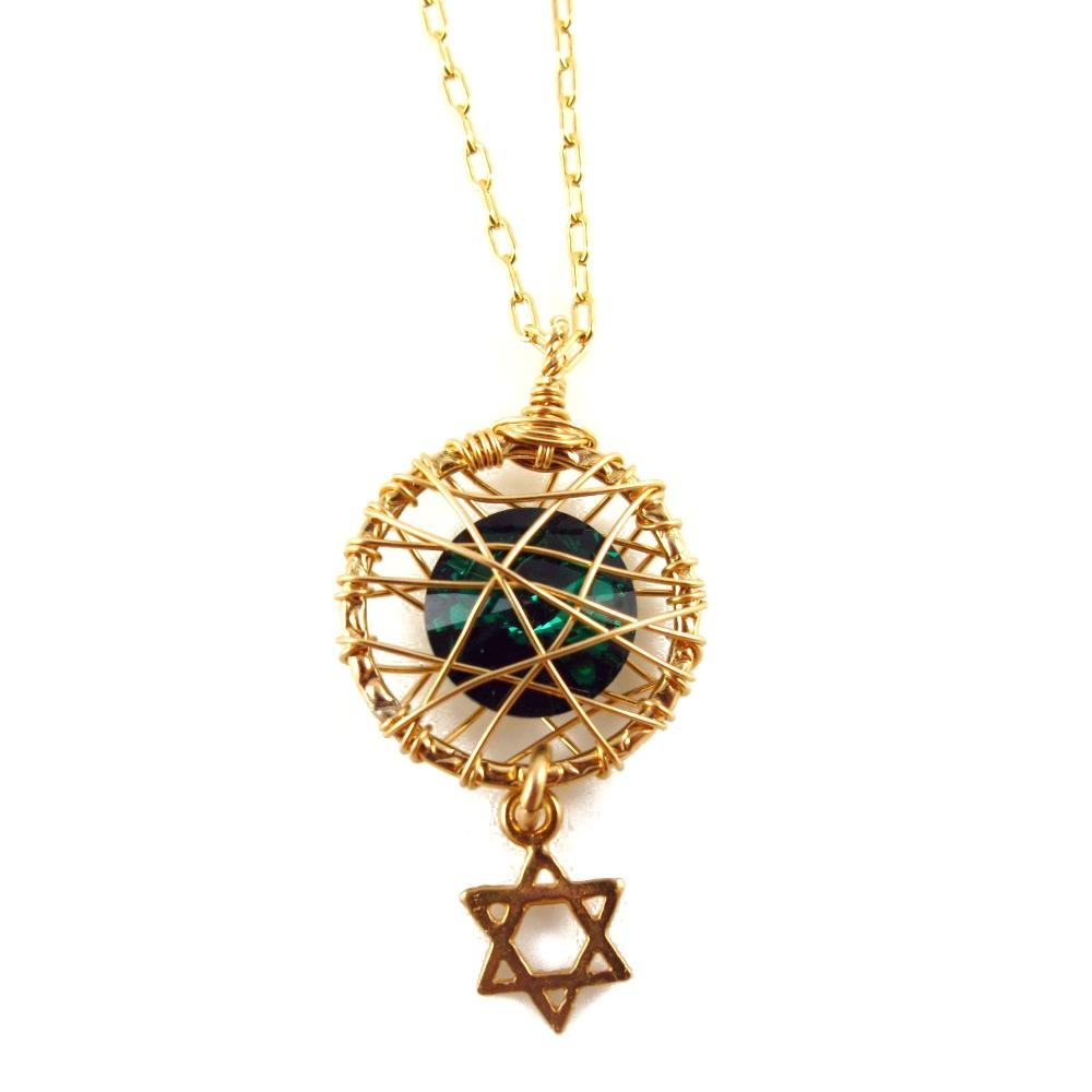 Gold Filled Little Star of David Wired Necklace with Emerald Green Swarovski Crystal - 1