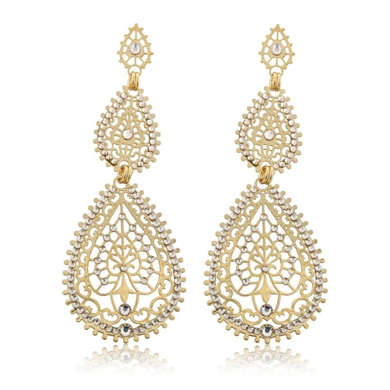 Golden Jeweled Tear Drop Earrings by L.K. Designs - 1