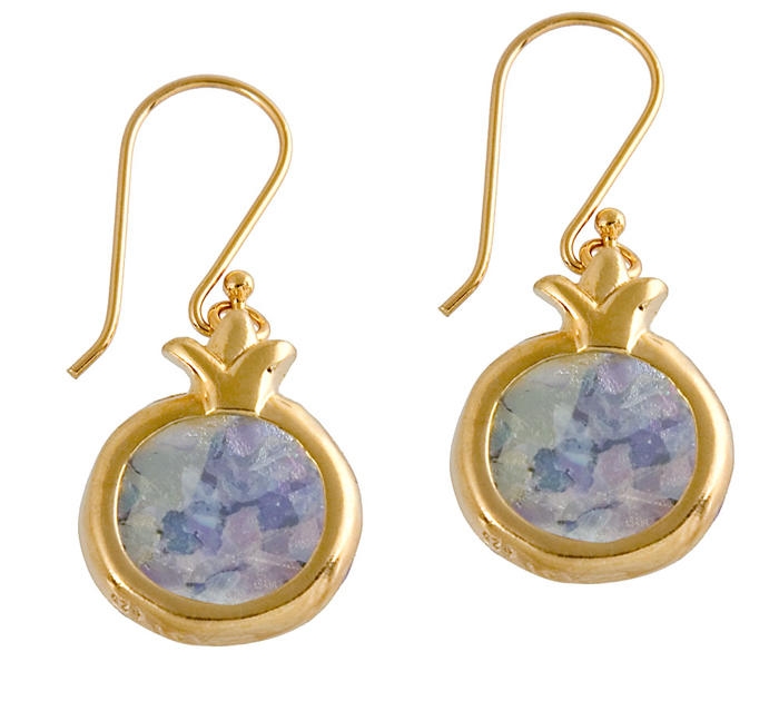  Gold Plated Silver & Roman Glass Pomegranate Earrings. Marble Screen 5th Century C.E. - 1