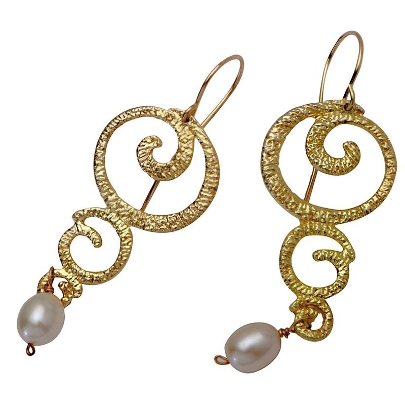 Gold Plated Silver and Pearls Ornament Earrings - 1
